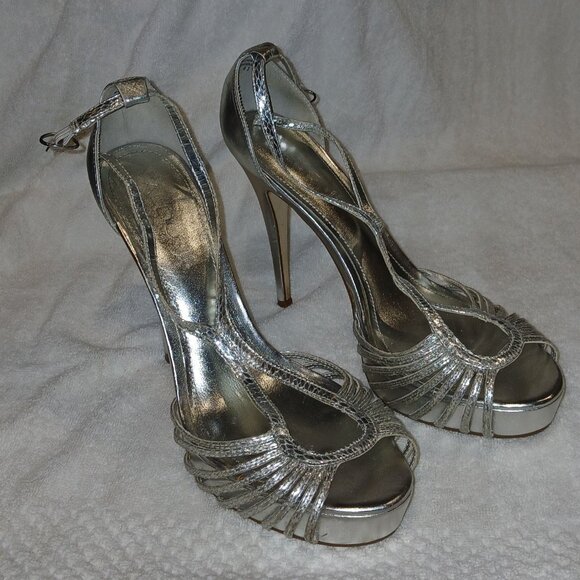 Aldo Silver Leather Open Toe Ankle Strap Heels - Picture 5 of 6